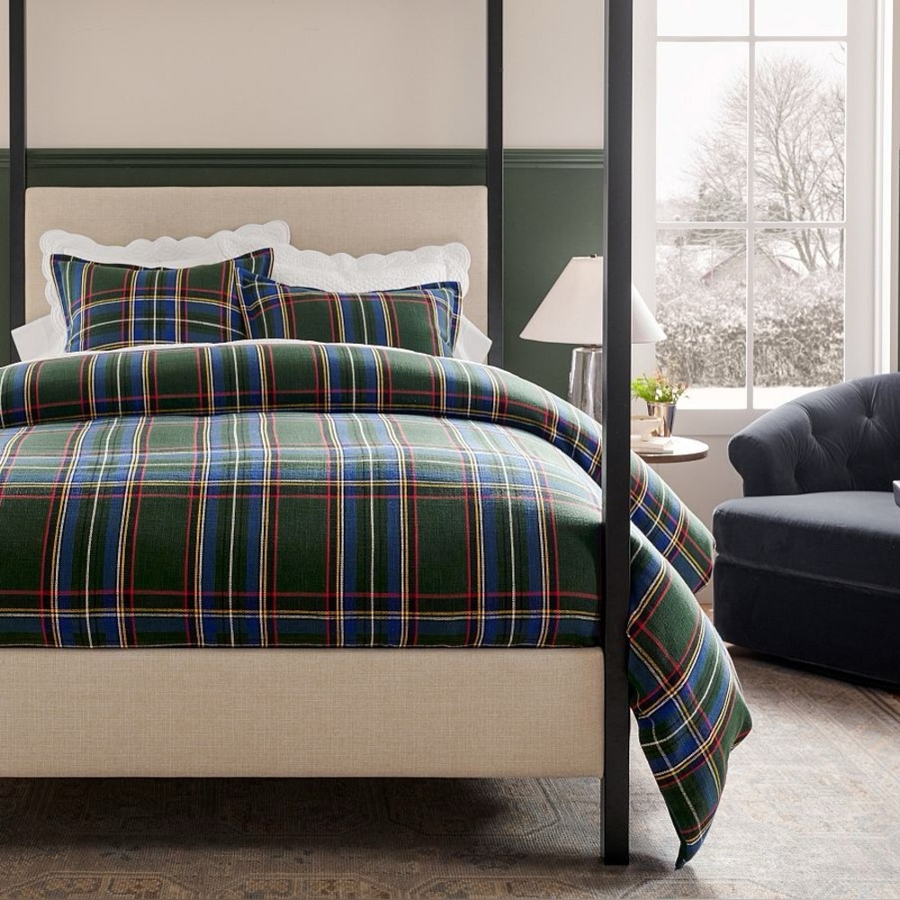 Pottery Barn Stewart Plaid Duvet and Shams in Green Multi Queen - Picture 1 of 11